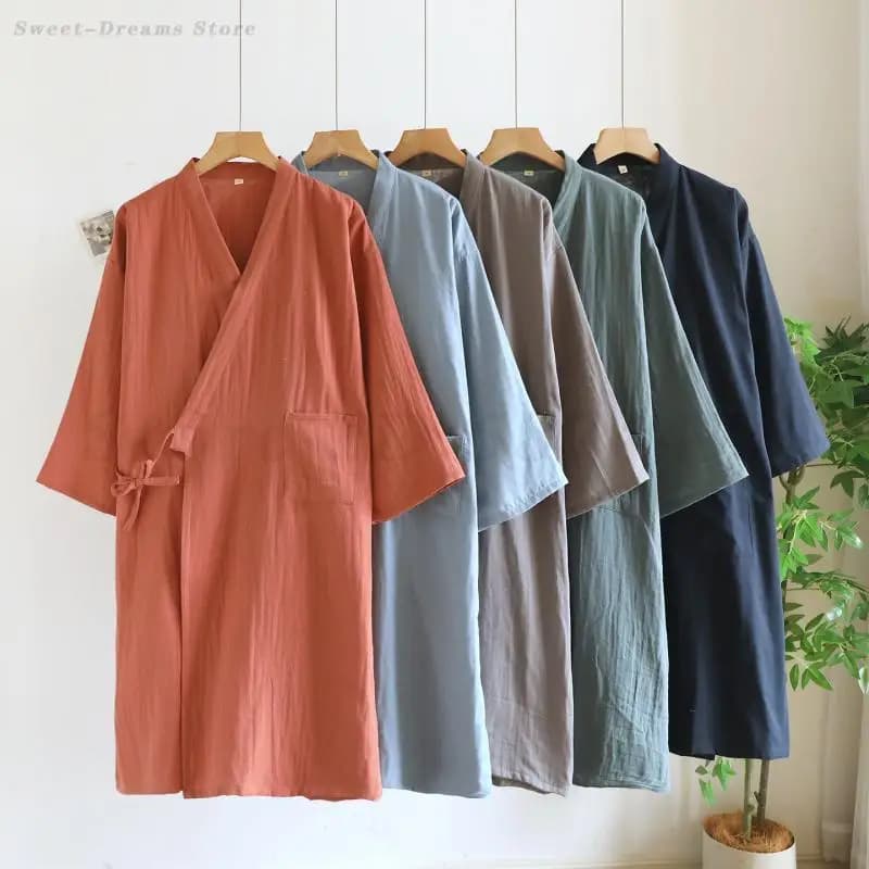 Men's Japanese Nightwear Kimono Spring Autumn Bathrobe Lingerie Lazy Cotton Night Shirt Coached Casual Homewear Men's Dress Pijama