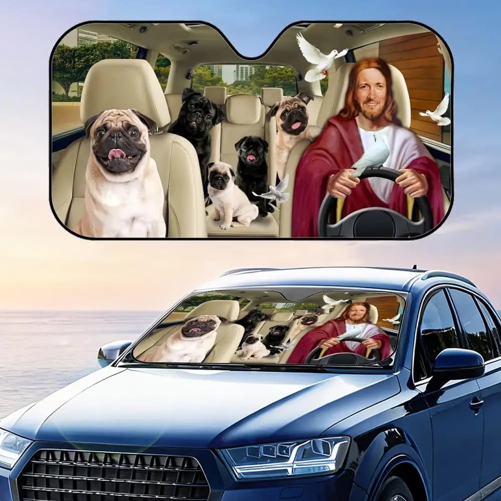 DRIVING JESUS AND CAT Parasole per auto in lamina di alluminio riutilizzabile, protezione UV, isolamento termico a tre strati, parasole per parabrezza