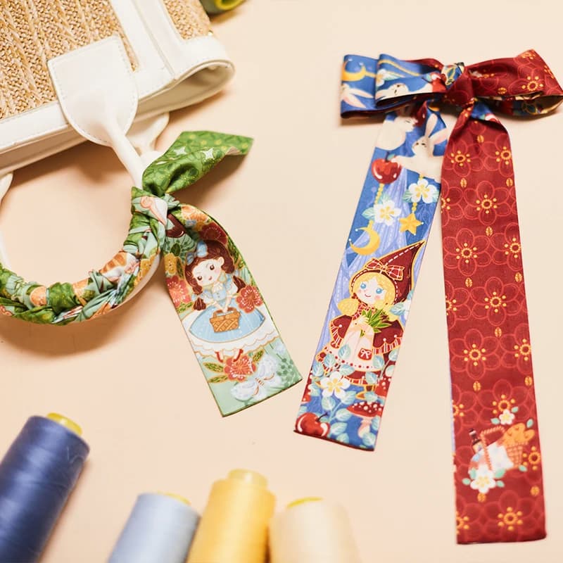 Fairy Tale Long Silk Scarf Retro Bag Handle Belt Imitation Silk Girl Heart Headband Scarf Clips for Women