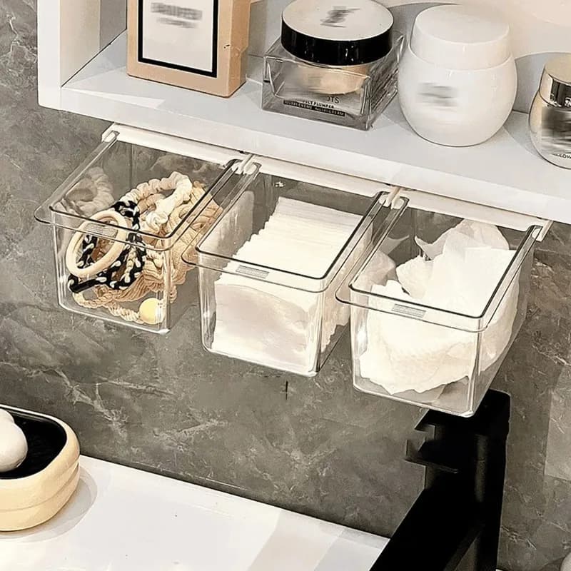 Transparent Pull Out DrawerStorage Box Under Mirror Cabinet Bathroom Organizer for Cotton Swabs Makeup Pads Cosmetic Accessories