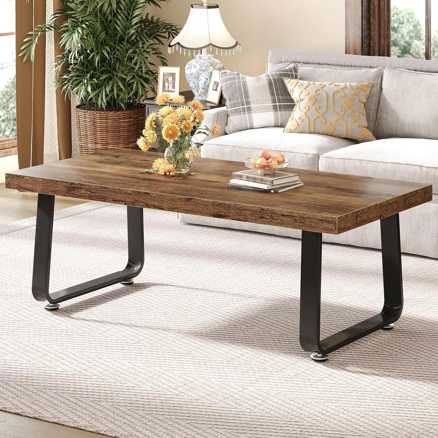 Industrial Rectangular Wood and Metal Coffee Table, Modern Minimalist Center Table with Farmhouse Style, Rustic Brown Cocktail Tea Table for Living Room Bedroom Home Office, 47 Inches