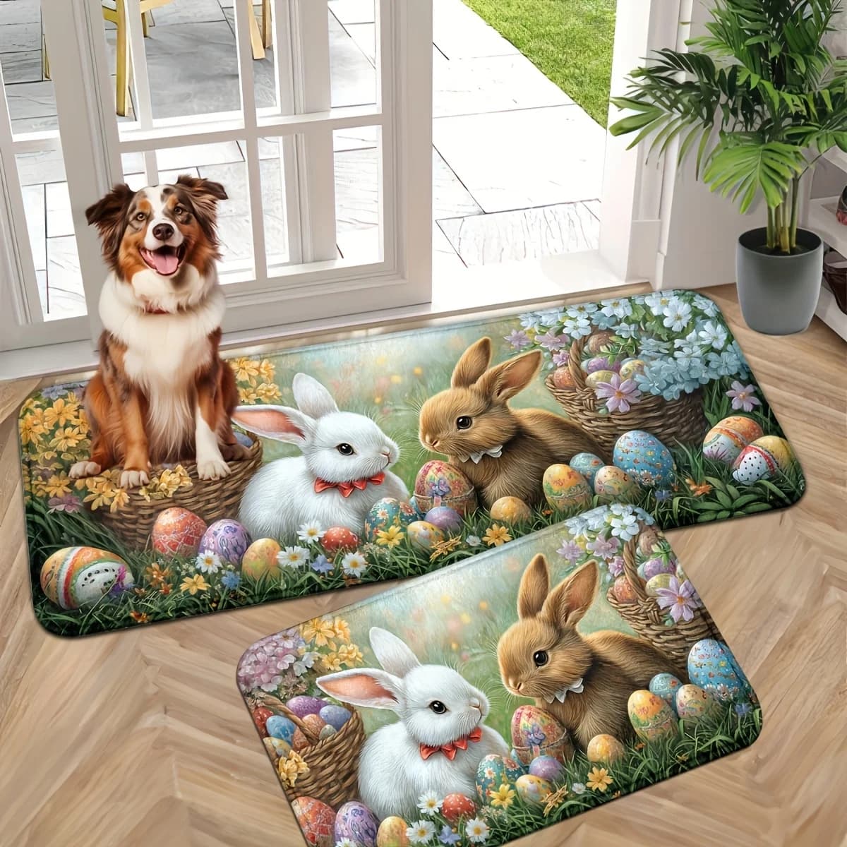 Long Kitchen Carpet with Easter Bunny and Eggs, Flannel Mat for Restaurant, Party Decoration, Anti-slip Carpet for Entrance and Portico