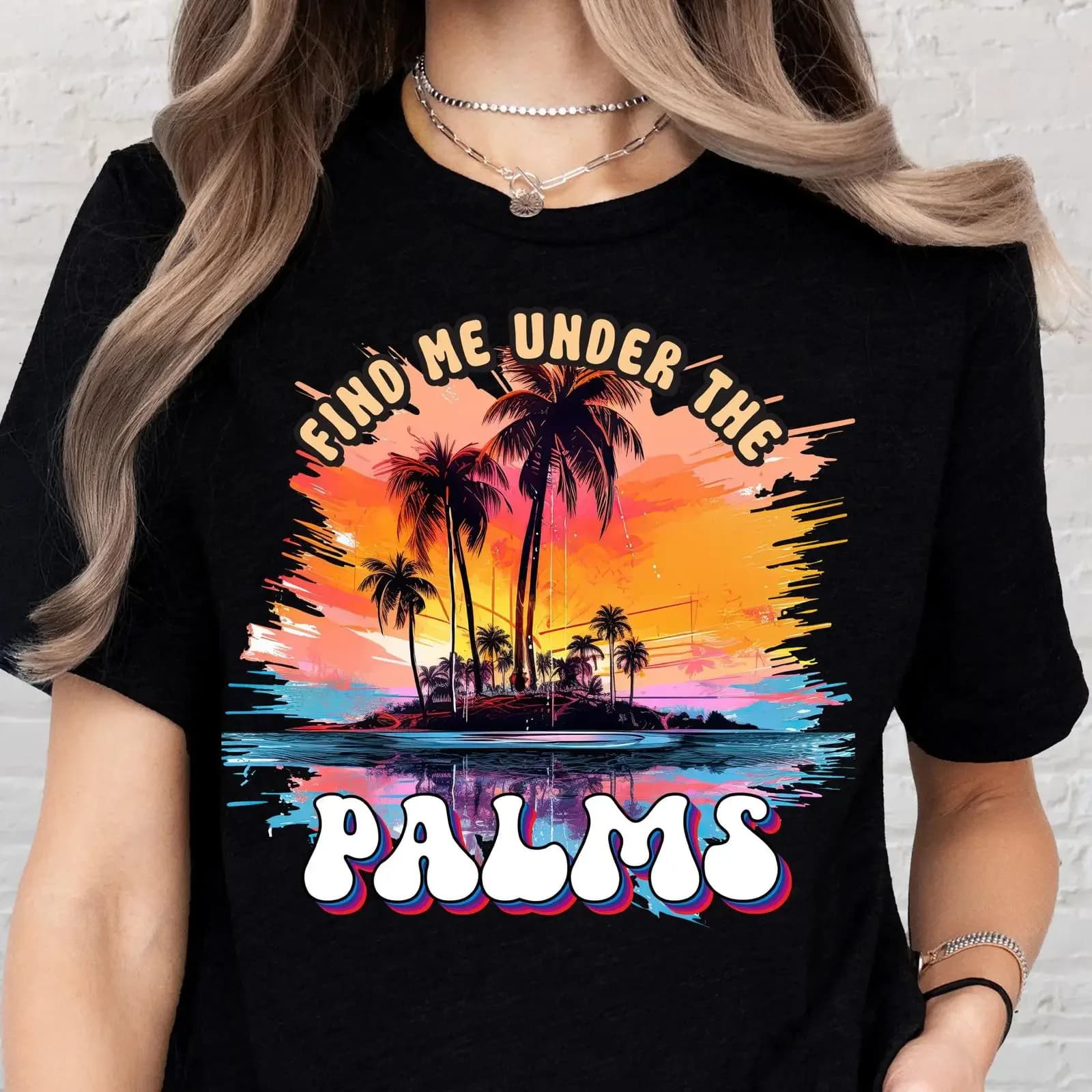 Find Me Under The Palms Tropical Sunset T Shirt Retro Palm Tree Beach Vacation Black vintage Washed Top For Everyday Wear