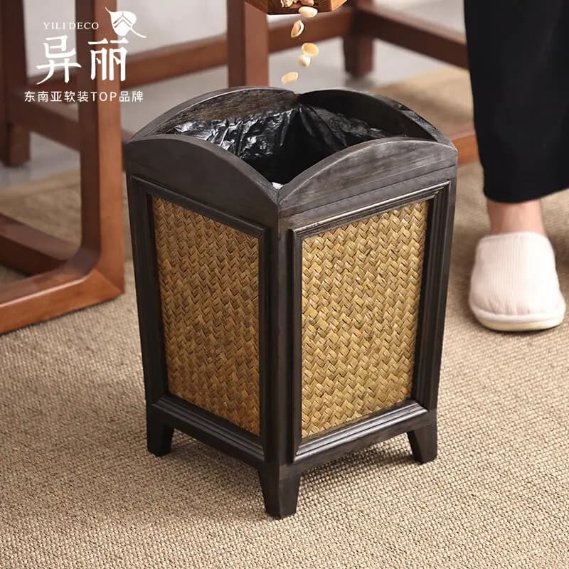 Pattumiera vintage in legno, cestino per rifiuti in rattan intrecciato a mano senza coperchio - Bagno rustico Boho, organizer con parte superiore aperta in fibra naturale