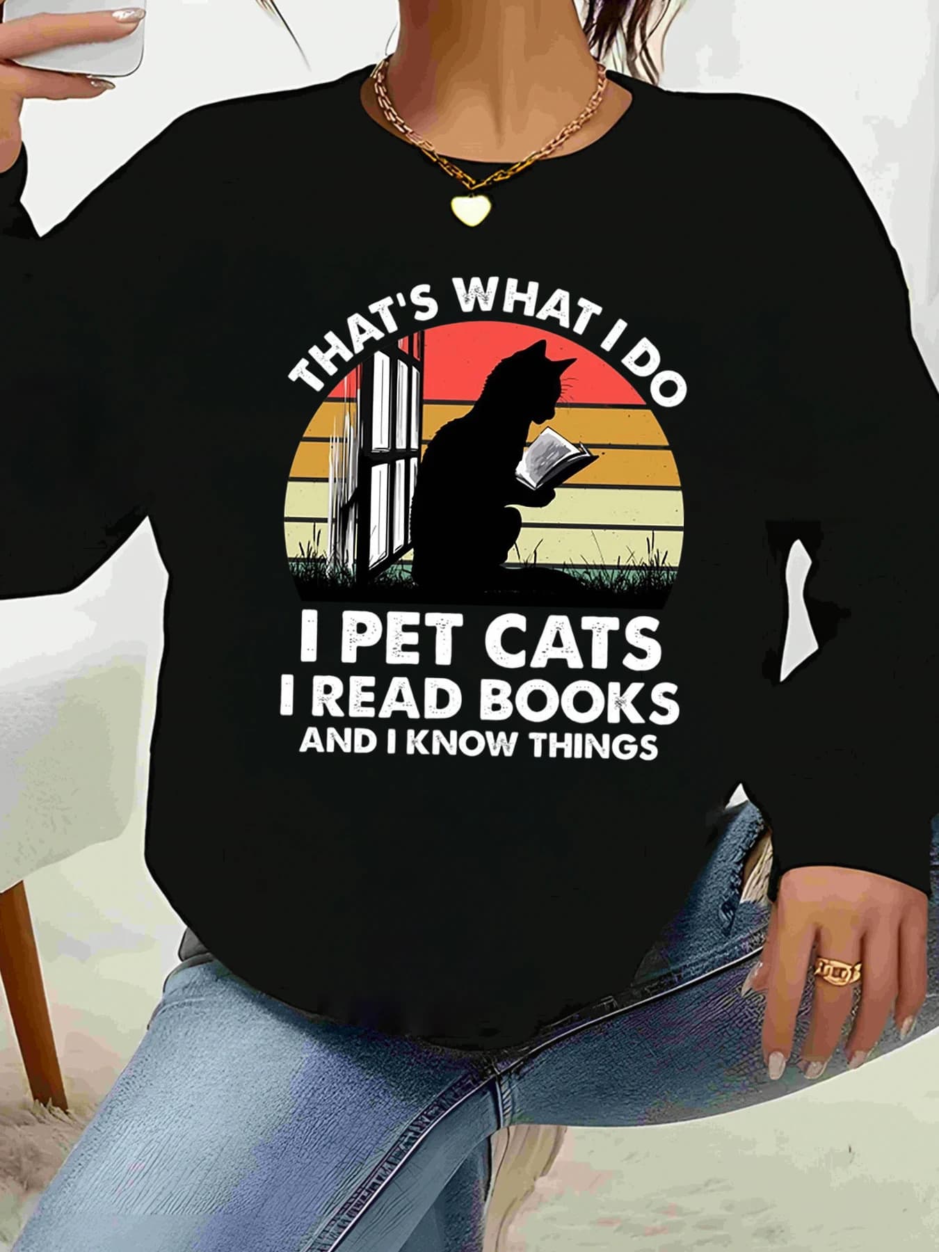 T-shirt with long sleeves with print of reading books of cats Clothing casual autumn winter for woman