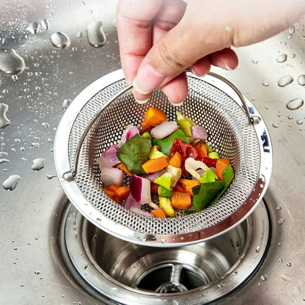 Set di 2 Filtri per Lavello da Cucina con Manico e Tappo, Cestello di Ricambio in Acciaio Inox con Filtro a Rete per Scarico