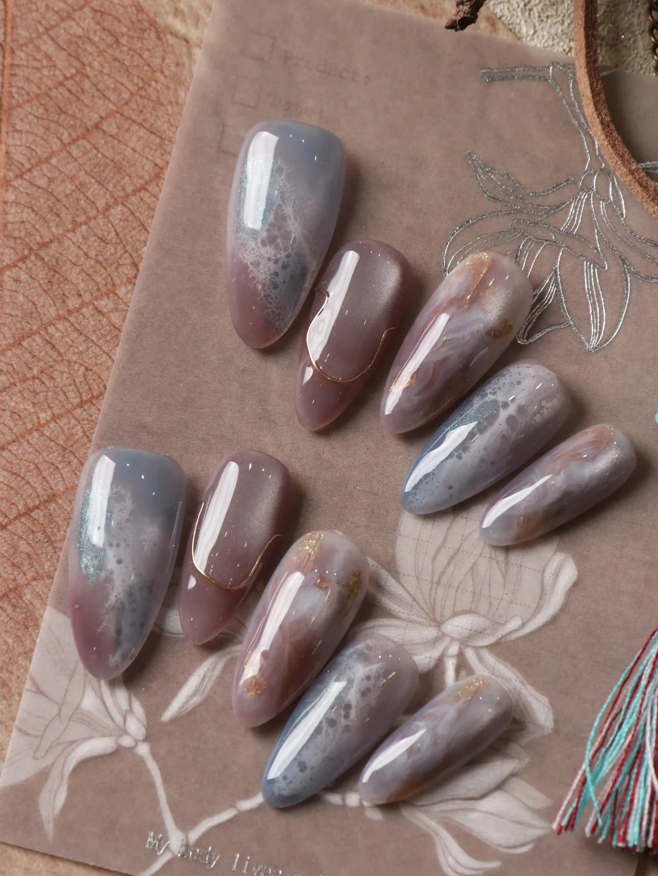 10Pcs Press on Nails Long Blue Brown Halation Office Dailywear False Nails Artificial Nails Kit Nail Art DIY