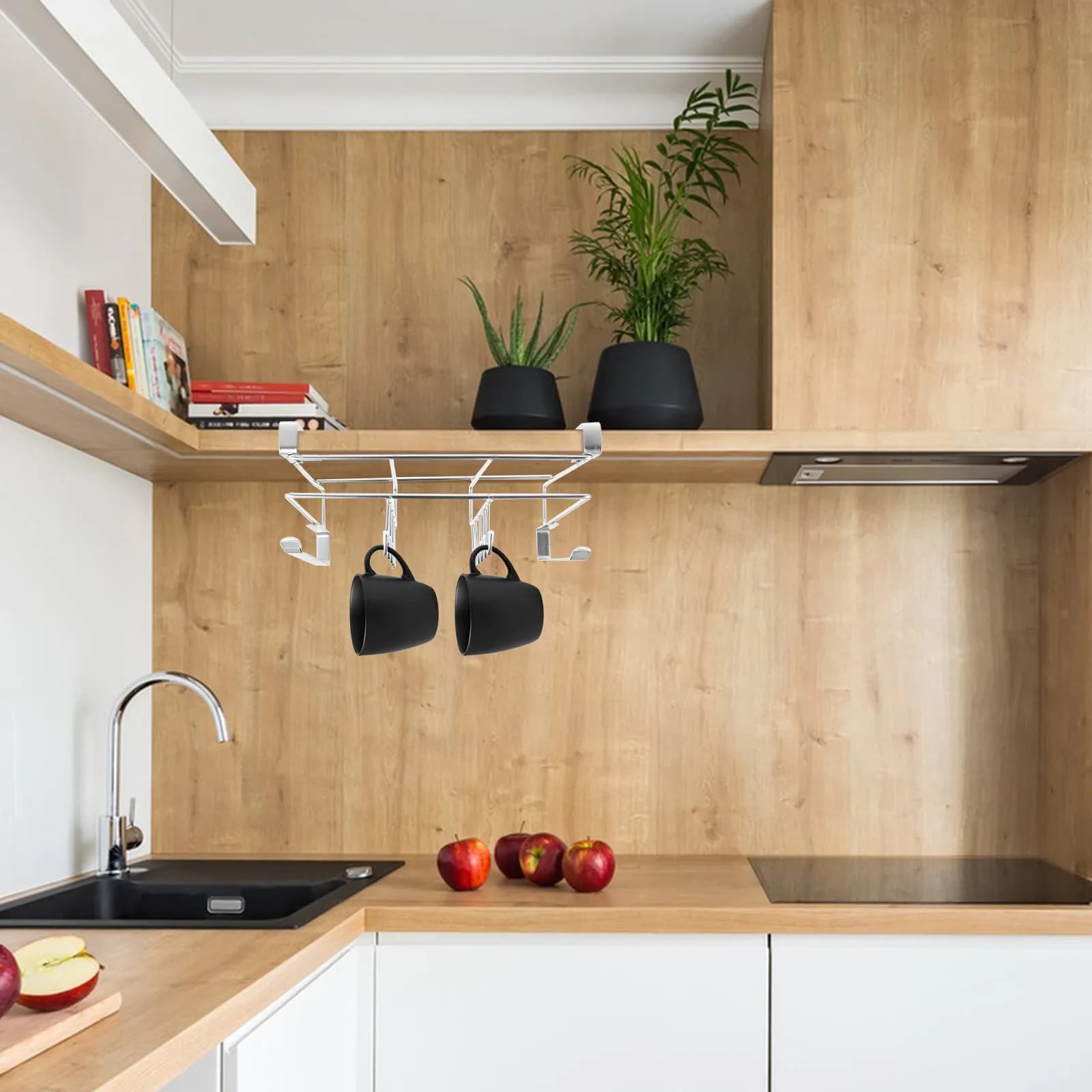 Under Shelf Kitchen Organizer Sturdy Iron Hanging Rack No Drilling Cutting Board Holder Multi Hooks Cabinet Storage Rack