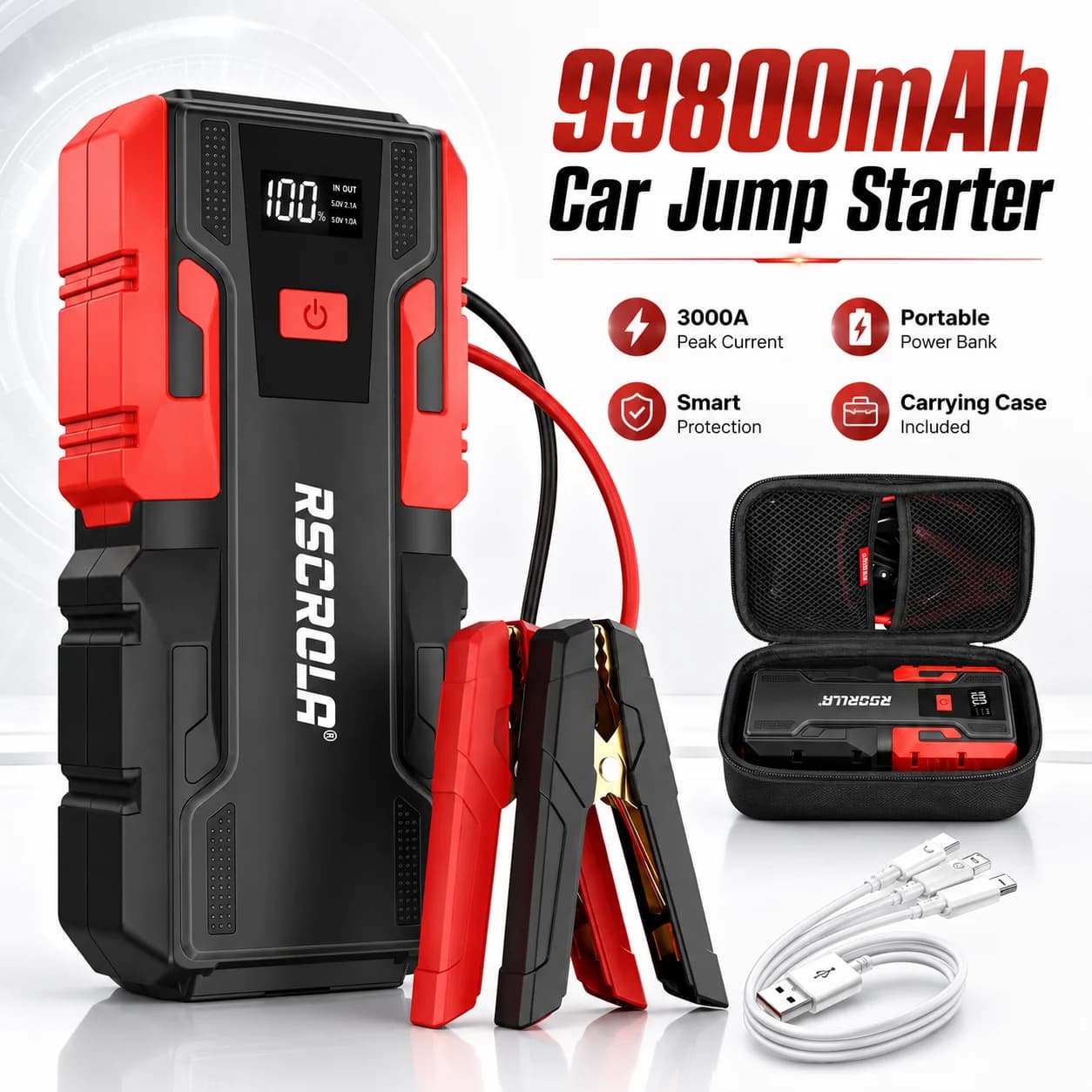 Avviatore di Emergenza Portatile per Auto 12V 99800mAh con Display Digitale, Morsetti Robusti e Custodia per il Trasporto