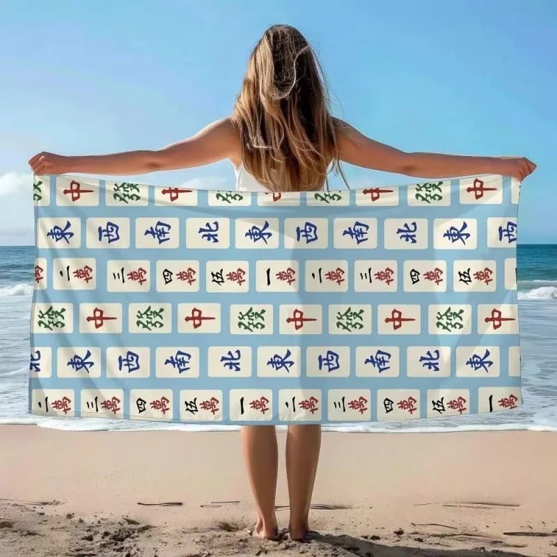 Newest Chinese Mahjong Tiles Blue Background Print Quick Dry Microfiber Beach Towel Game Pool Towel Quick Dry Towel