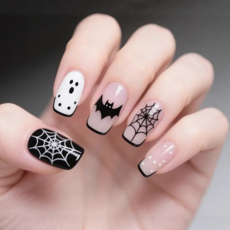Nuove Unghie Finte Minimaliste 2026: Dolci, Fresche e Carine, Tema Halloween, Stile Francese con Pipistrelli, Fantasmi e Reti di Ragno, Unghie Rettangolari Medie Indossabili