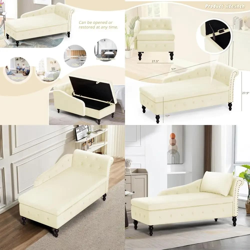 Chaise longue imbottita con bracciolo destro e cuscino lombare, divano con bottoni trapuntati e contenitore, poltrona lounge in velluto per interni, per camera da letto