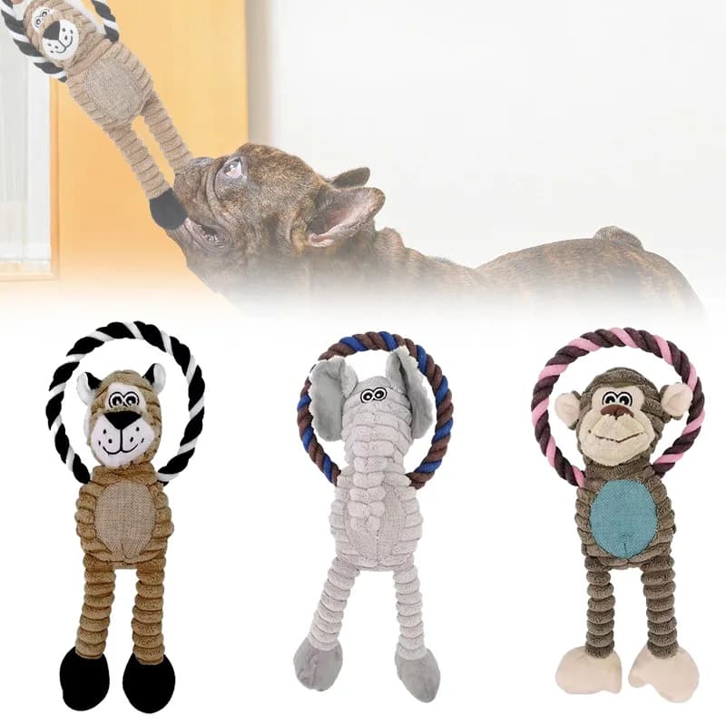Giocattoli di peluche per cani Giocattoli per animali striduli Leone Elefante a forma di scimmia Giocattolo da masticare per animali domestici Giocattolo interattivo per la pulizia dei denti Addestramento degli animali Anti bit