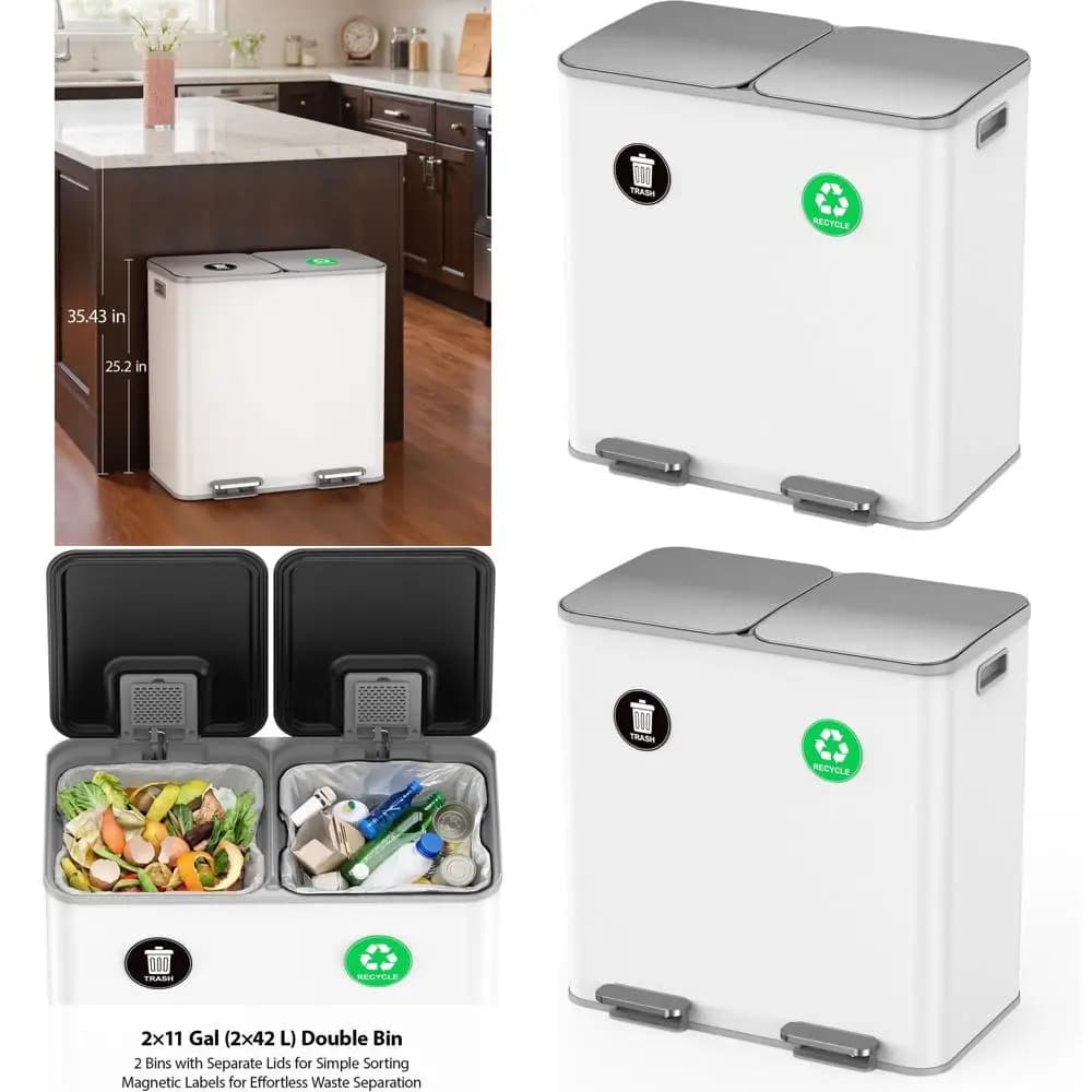 Bidoni per Rifiuti e Riciclaggio in Acciaio Inox da 11 Galloni, con Apertura a Pedale, Chiusura Silenziosa, a Prova di Animale Domestico, Compatibili con Sacchi da 13 Galloni, Bianchi