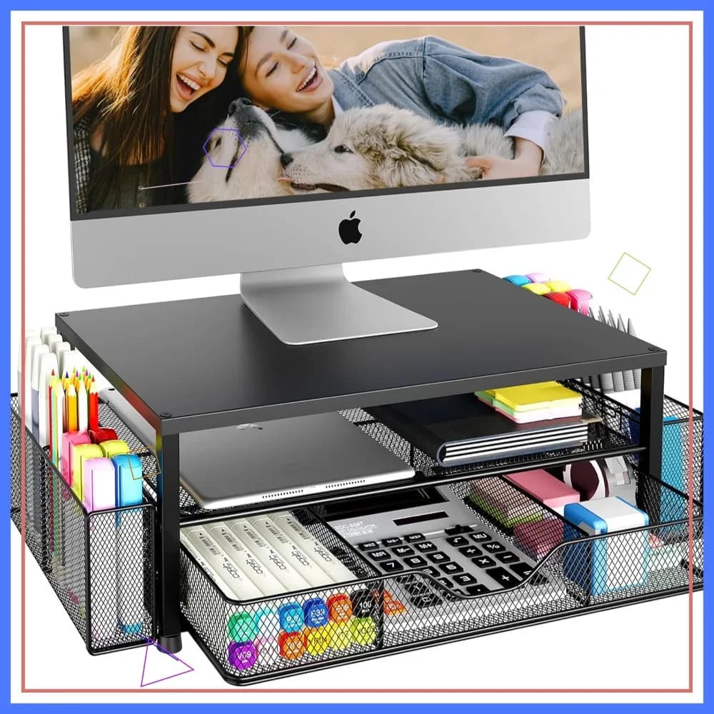 Supporto per Monitor a 2 Livelli con Cassetto e Portapenne, Rialzo per Laptop per Organizzazione Scrivania, Nero