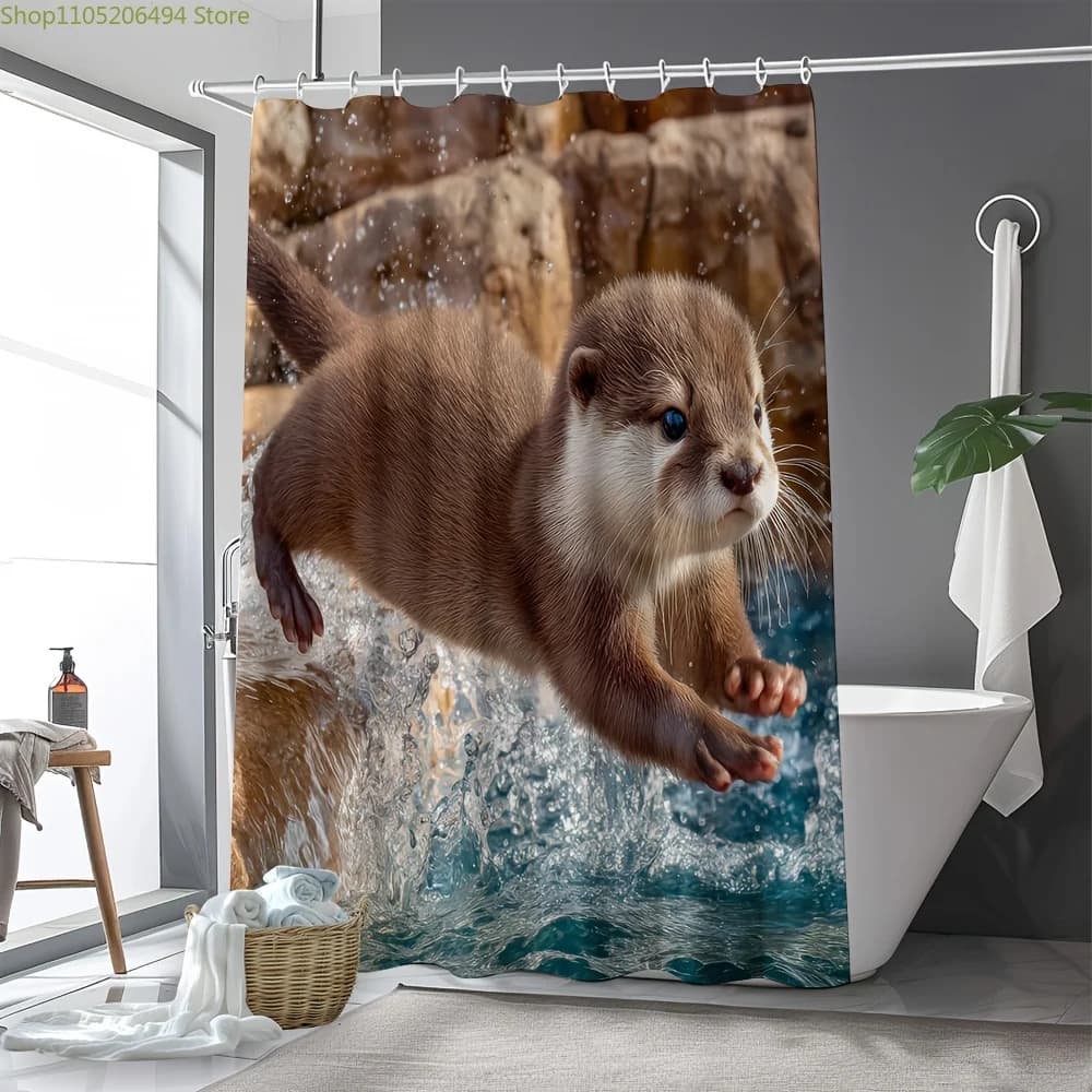 Un telo doccia con disegno di un lontra che salta, realizzato in poliestere, ideale per il bagno e l'arredamento della casa