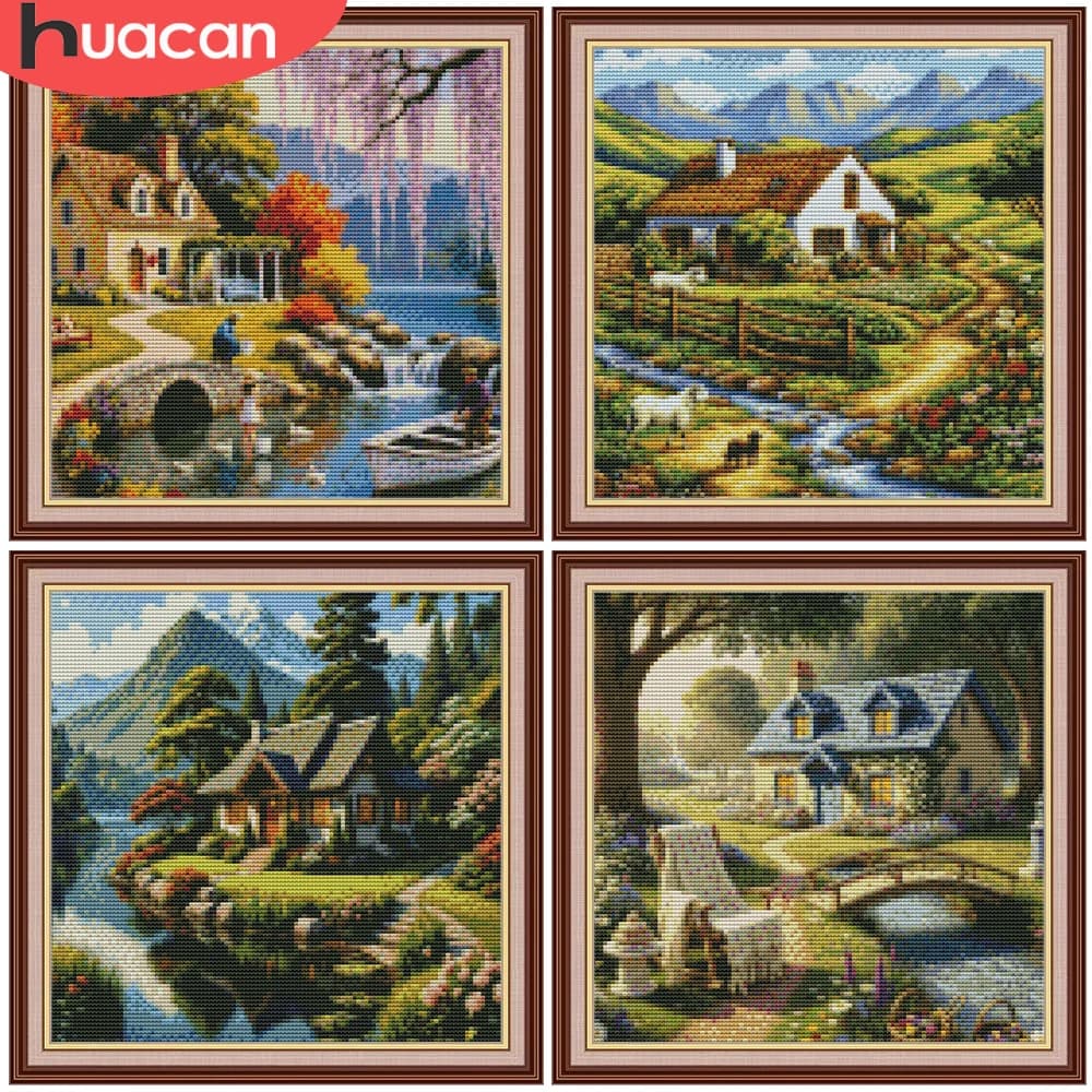 HUACAN 11CT Cross Stitch House Landscape Embroidery Kit Mountain Lake Guide For Beginners Needlework DMC Threads Decorative