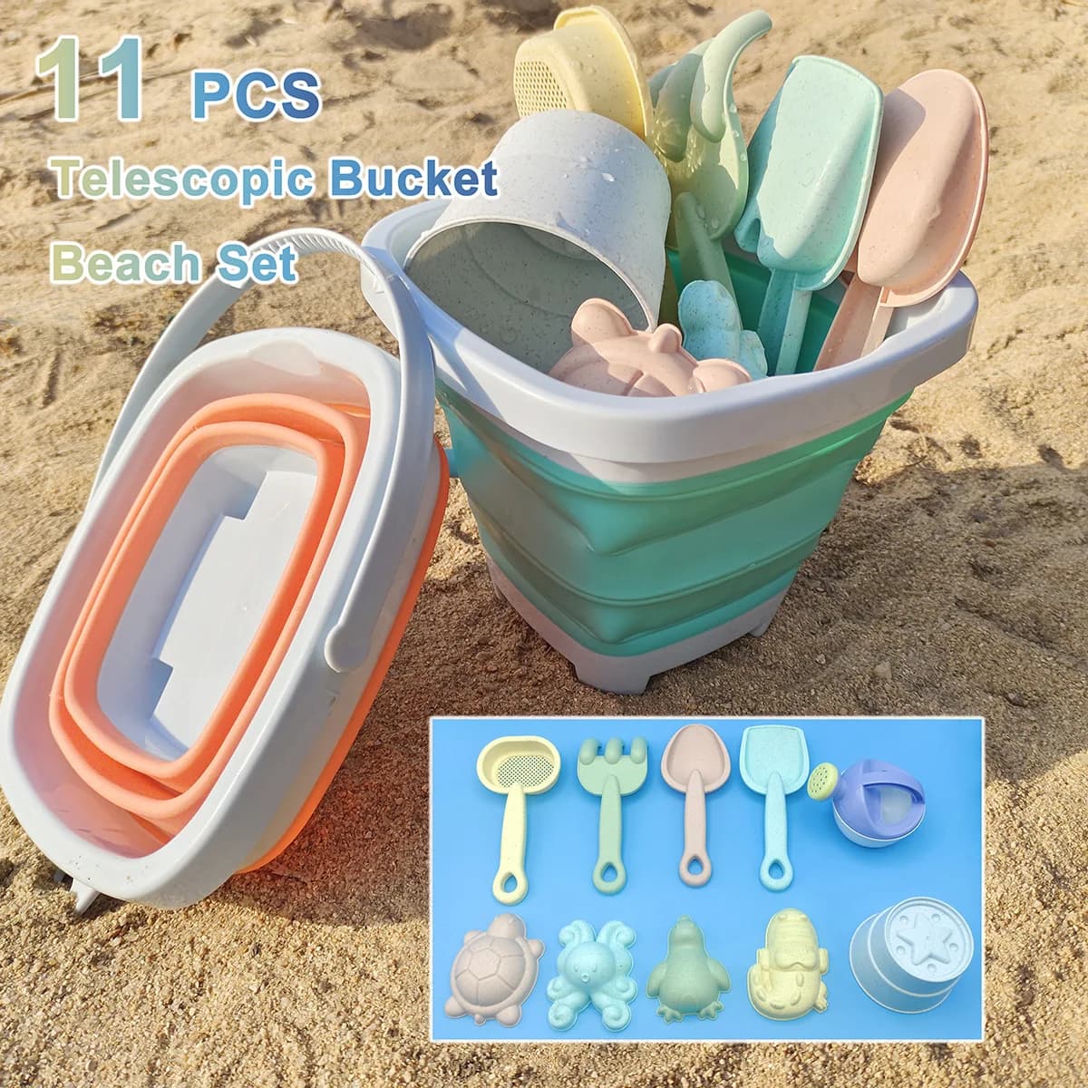 Giocattoli da spiaggia per bambini giocattoli di sabbia Set per bambini giocattoli Sandbox con secchio pieghevole pala rastrello Set stampi di sabbia estate all'aperto