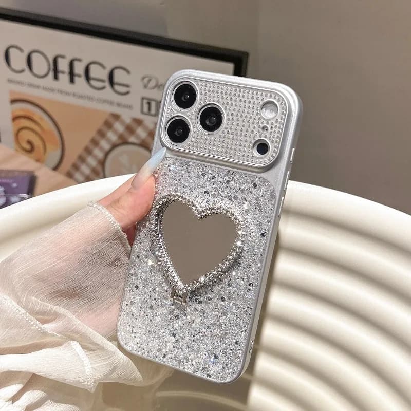 Glitter Bling Phone Case For iPhone 18 17 16 15 14 13 Pro Max Love Heart Mirror Stand with Bracelet Strap Protective Cover