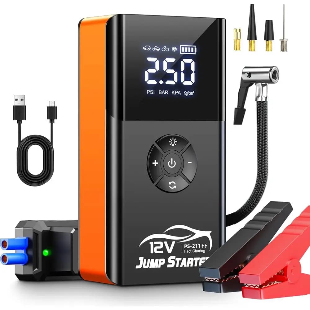 Avviatore di Emergenza Portatile 8000A 180PSI 12V con Compressore d'Aria per Auto a Benzina, Luci LED e Cavi di Avviamento