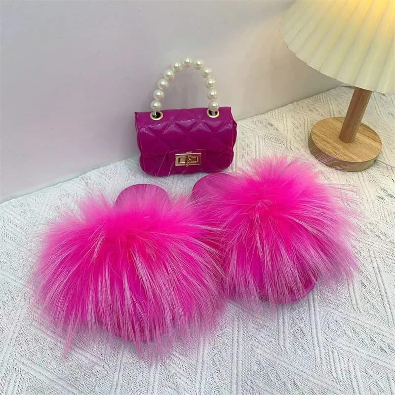 Pantofole e borsette in pelliccia di volpe per bambini Set all'ingrosso Furry Fluffy Fur Slideshow scarpe da bambina per bambini sandali arcobaleno Set di borse di gelatina