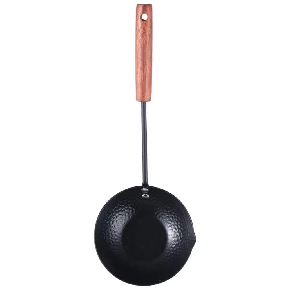 Mini cast iron pan with round wooden handle, with bucket to pour, pan to melt butter, flat bottom, non-stick, small spoon for sauces