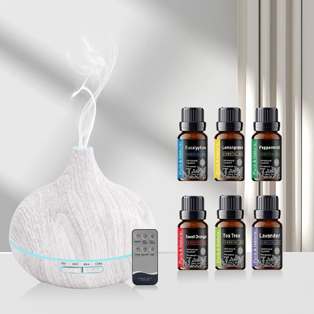 Diffusore per la casa Per la casa Macchina per aromaterapia 6 in 1 Diffusore di oli aromatici ad ultrasuoni con design in legno da 550 ml con luce notturna remota