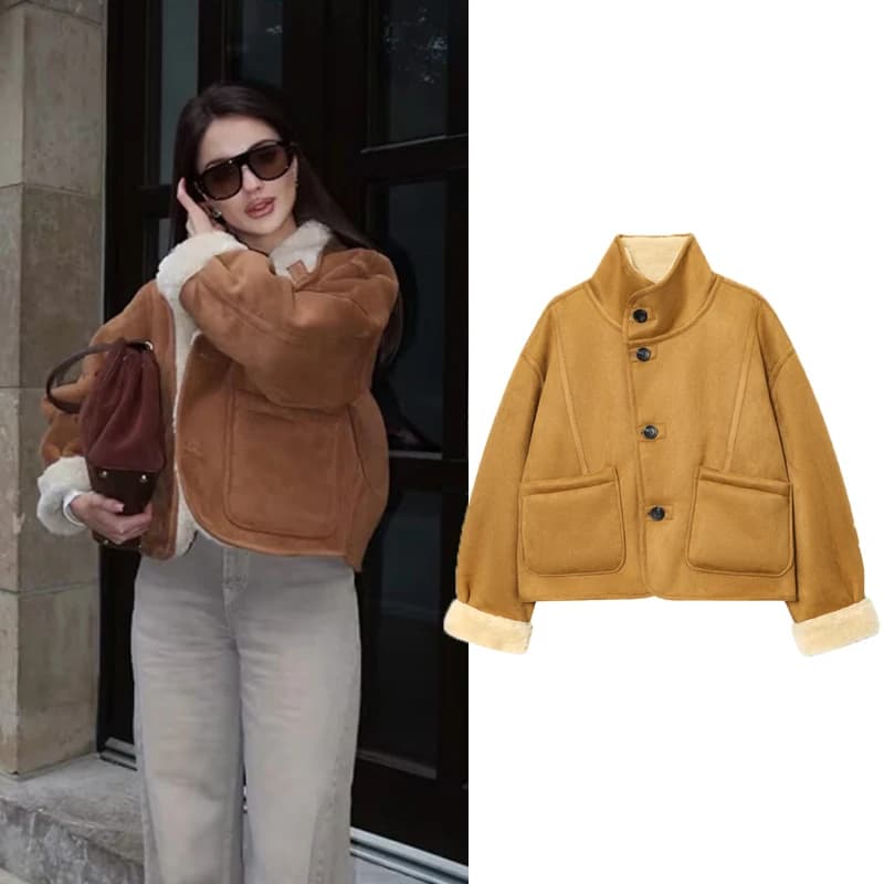 Women's Suede Jacket Women's Demi-Season Jacket Coat Winter Jackets Outerwears Women Tops Double Side Jackets Long Sleeve Tops