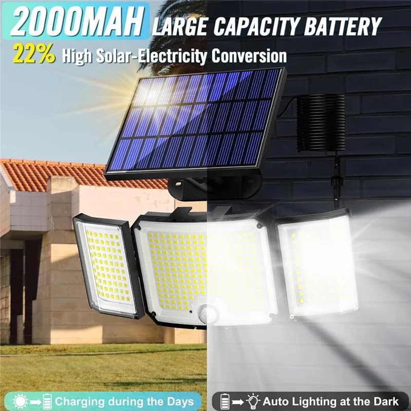 Solar Outdoor Lights, External Lights with IP65 Waterproof Motion Sensor, 3 Head Solar Safety Flood Lights With Large Lighting Angle