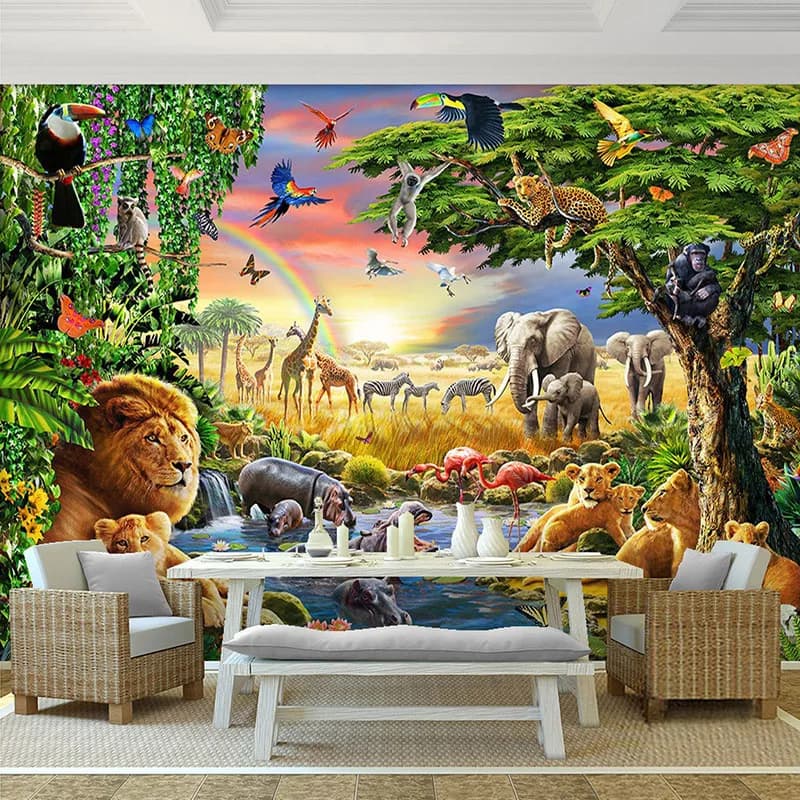 Custom 3D Wallpaper Rainbow Sky Forest Animal Elephant Lion Oil Painting Photo Mural Living Room Kid's Papel De Parede Art