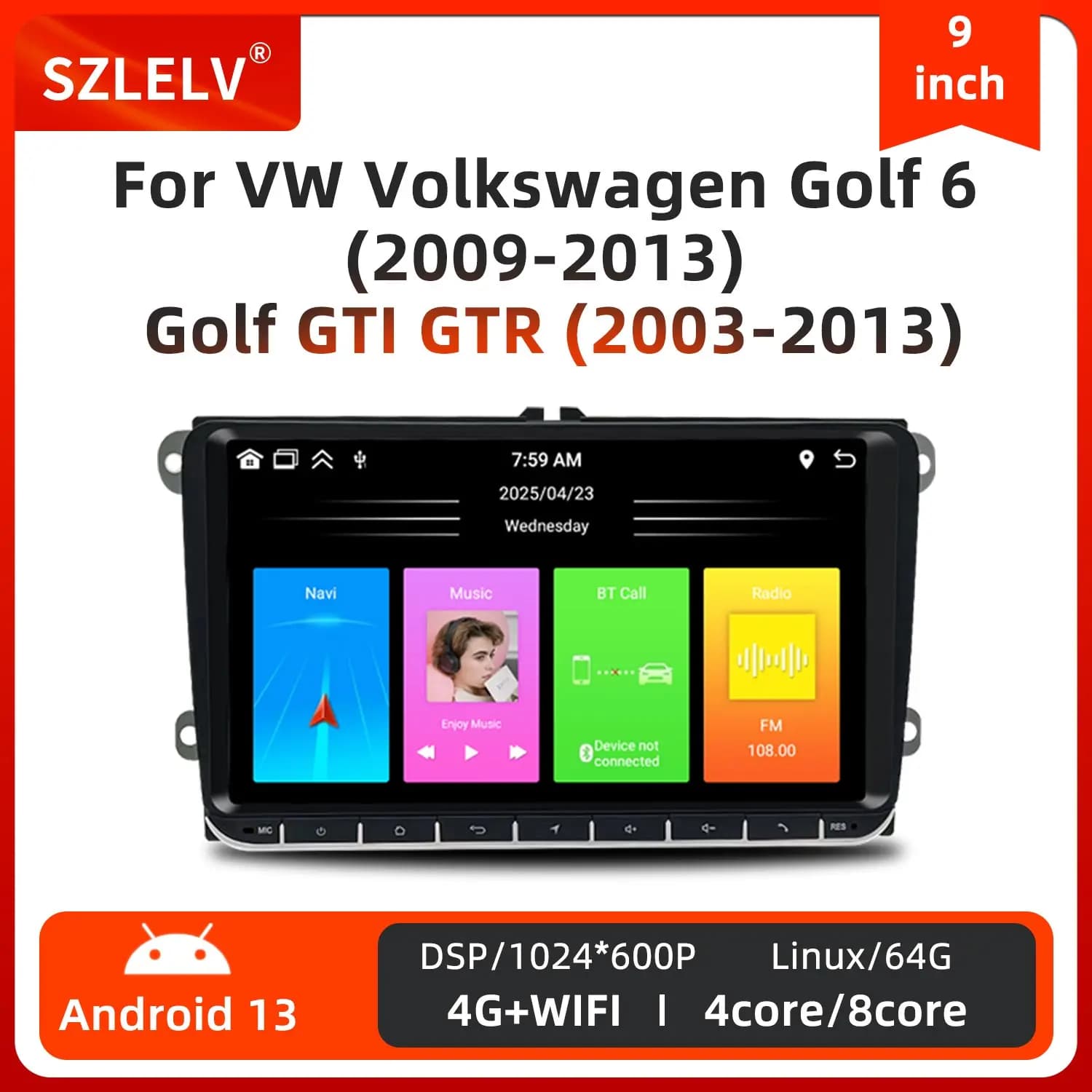 9 Inch Wireless CarPlay Android 13 Car Radio with Buttons for VW Golf Jetta Passat Tiguan Skoda Octavia Multimedia Audio Player