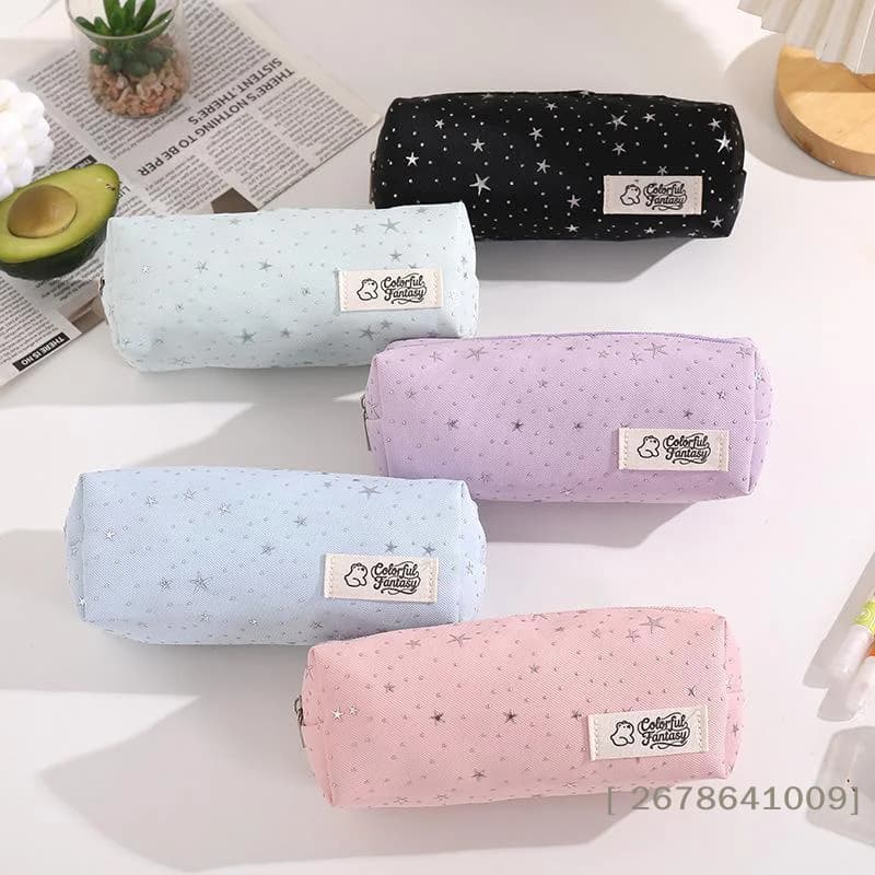 〔L〕Kawaii Star Pattern Canvas Pencil Case Large Capacity Zipper Pen Bag Portable Student Stationery Pouch