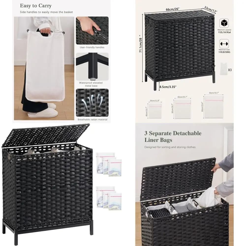 Cesto Portabiancheria in Rattan Intrecciato a Mano con Coperchio e 3 Sacchi Rimovibili, 132L, Nero