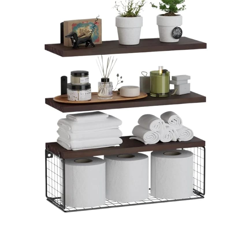 Wooden Wall Mount Floating Shelf Multi-Tier Bathroom Storage Rack Toilet Paper Holder Basket Wall Hanging Bathroom Organizer