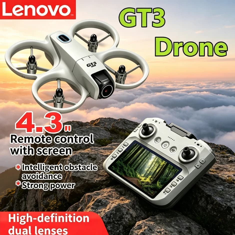 Drone RC Lenovo GT3 con Schermo da 4.3", Doppia Fotocamera, Posizionamento Ottico, Evitamento Ostacoli, Luci LED, Quadricottero Portatile, Regalo Giocattolo