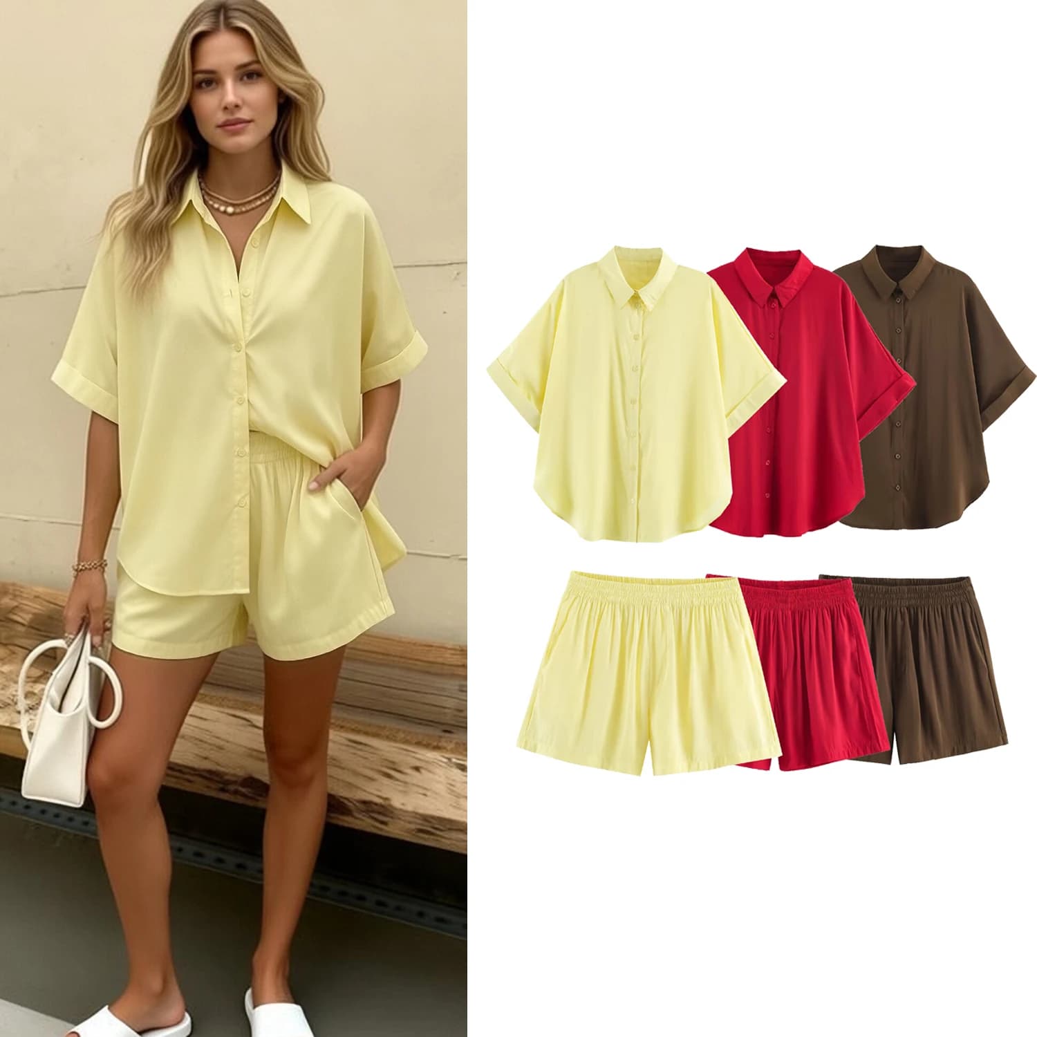 Women Casual Shirt Shorts Sets Summer Female Simple Solid Loose Shirts Top Or Lady Elegant Beach Holiday Mini Shorts