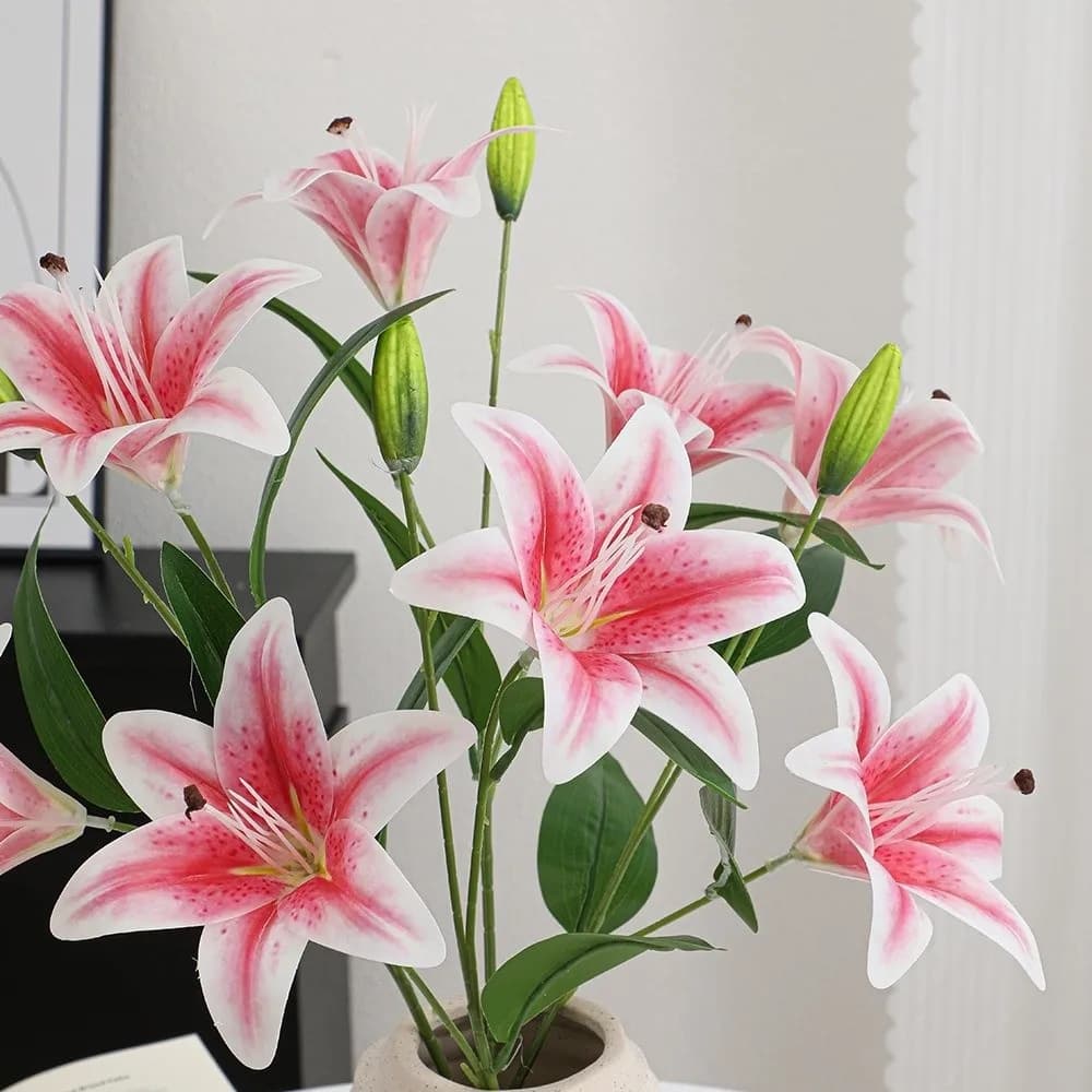 2-head Artificial Lily Flowers White Pink Artificial Faux Plants Multi-Bloom Real Touch Simulation Decorative Bouquet