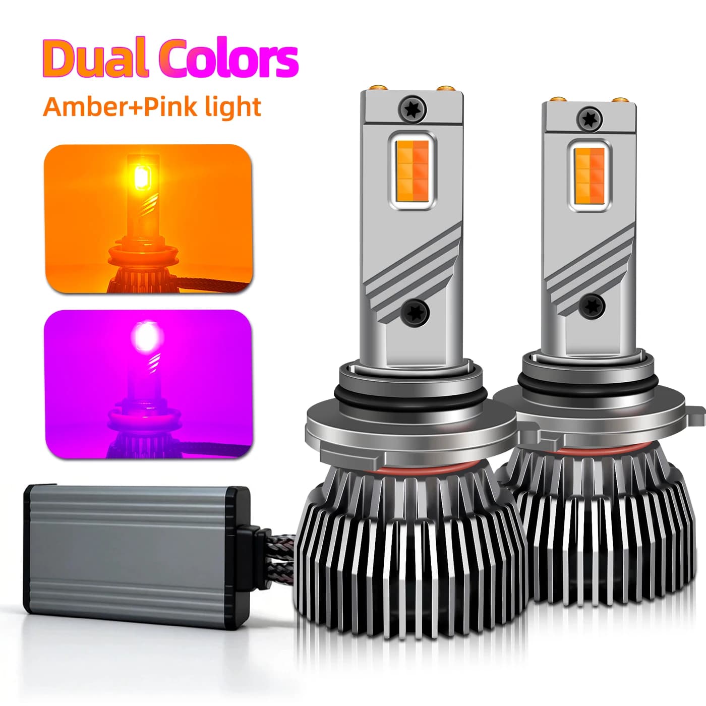 9006/HB4 CANBUS LED Headlight Fog Bulb, High‑Power Switchable Dual‑Color Amber & Pink Light, Dual Copper‑Tube Cooling Fan
