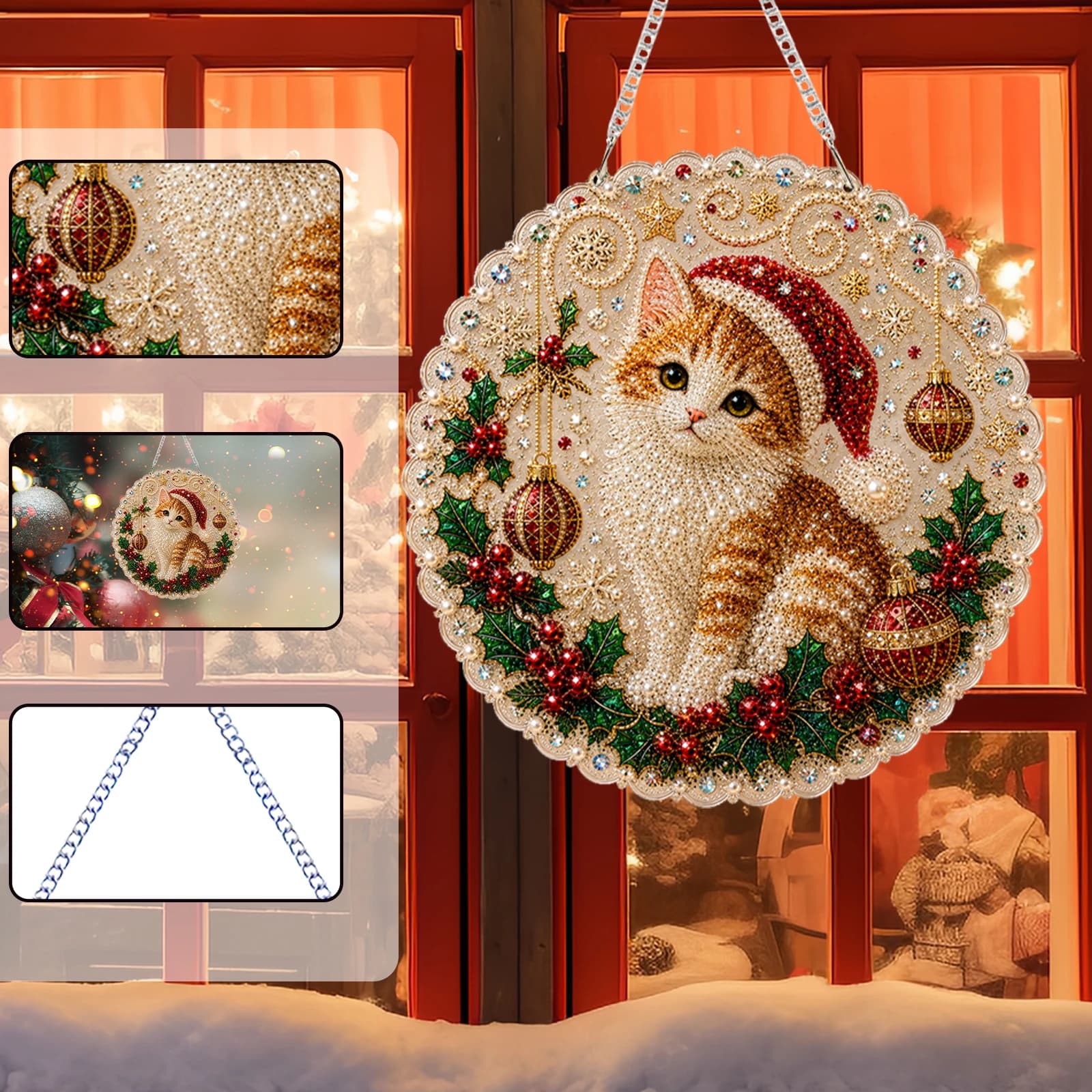 Christmas Pearl Diamond Painting Suncatcher Kit Hanging Pendant Double-Sided Print DIY Craft Set Metal Chain Home Art Decor 20cm