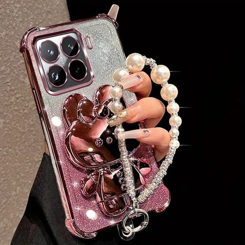 Pearl Bracelet Mirror Rabbit Stand Phone Case For Xiaomi 15T Pro 14T 13T 12T 11 Lite 12 17 Pro Max Glitter Shockproof Soft Cover
