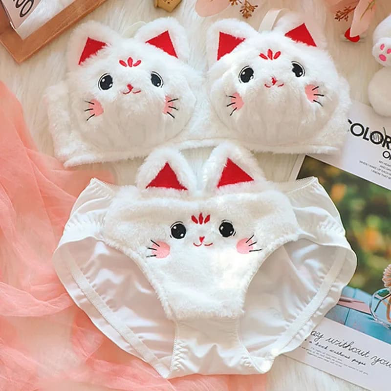 Women's Slip Chicks Kawaii Japanese Cute Girl Cat Bunny Set Comfortable Cartoon Underwear Beautiful soft and warm for students