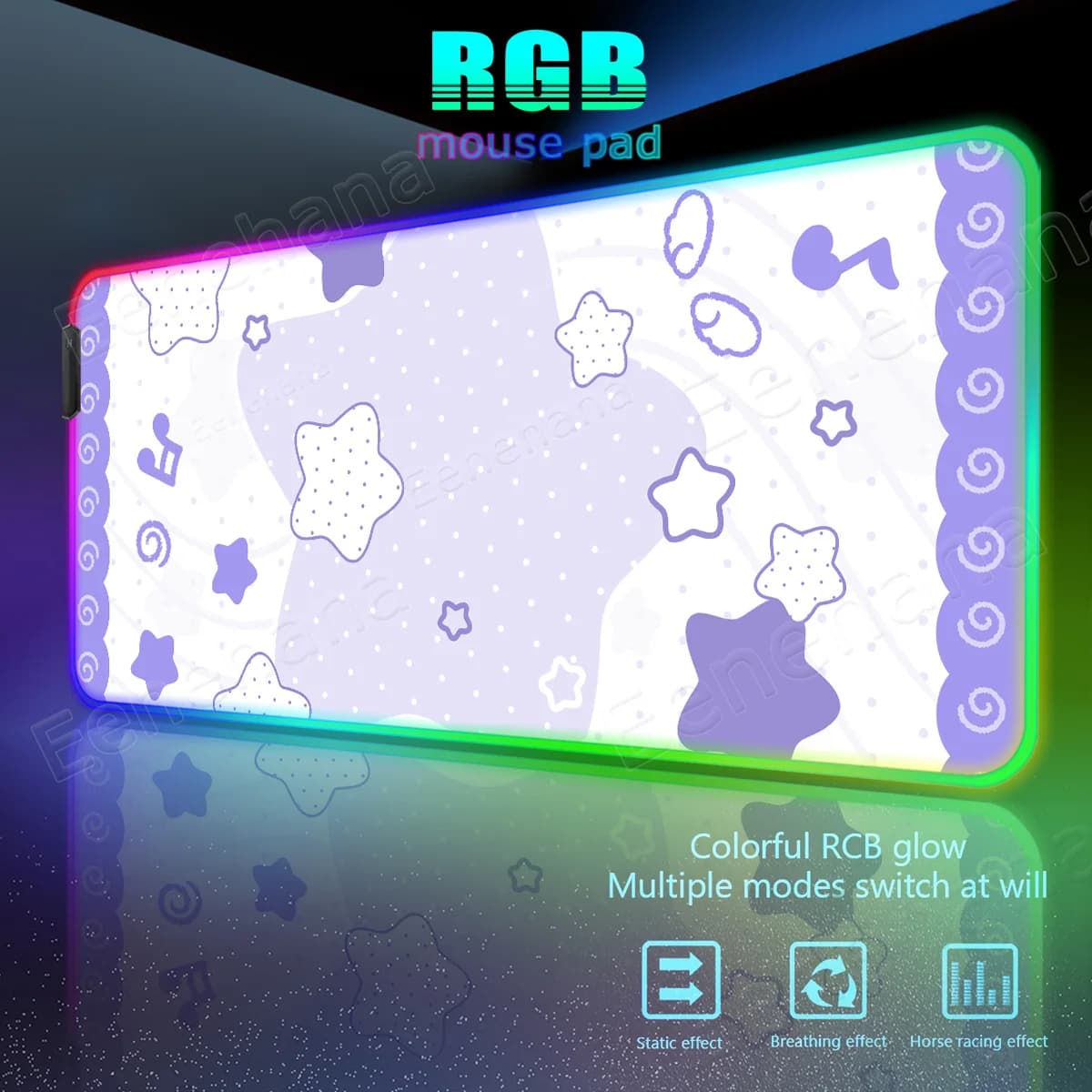 Pink RGB Mouse Mat with Stars, Cute Purple Desk Mat for Office, Minimalist Mat for Studio, Luminous Mat for Gaming and Computer