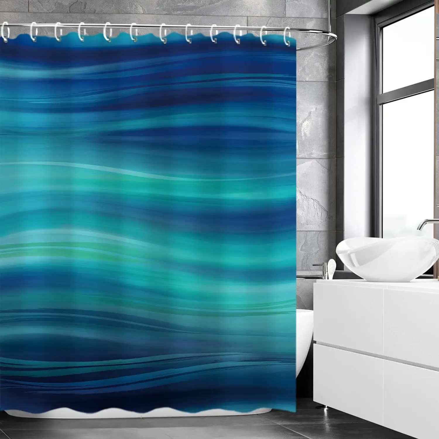 Tenda da doccia in marmo blu, design astratto a strisce ombre blu scuro verde acqua con ganci