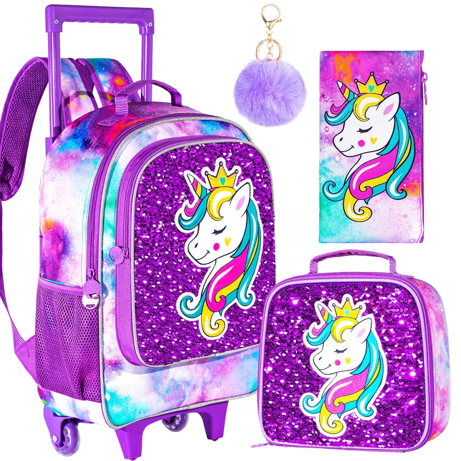 Backpack with wheels of 3 pieces for girls Backpack with wheels for children with bag for lunch Design with unicorn pattern that lights in the dark