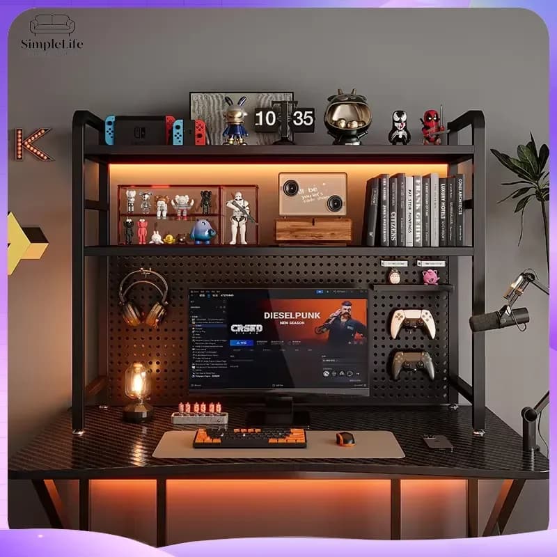 Multilayer Bookcase Desk with Grid Bookshelf Storage Rack Desktop Wrought Iron Computer Desk Table Hole Board Student Study