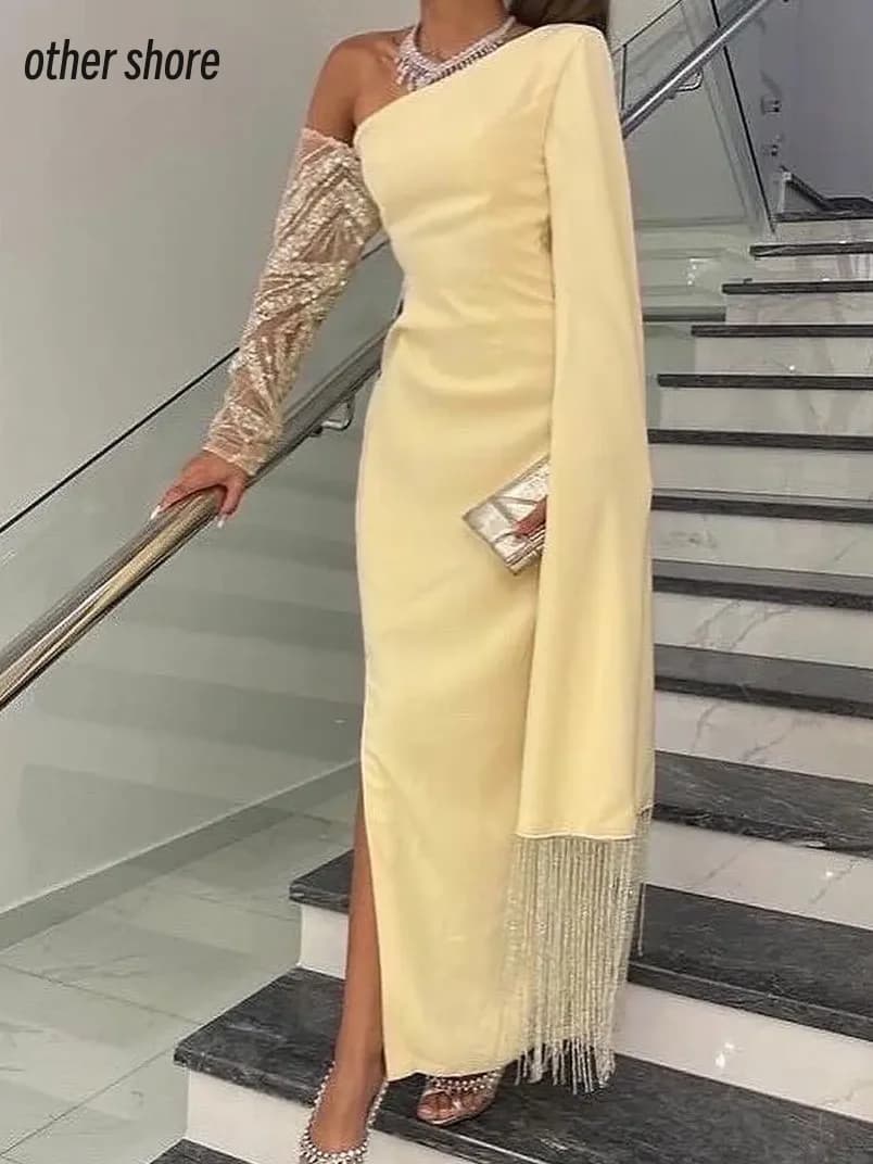 Altro Shore Elegante vintage dolce giallo con paillettes nappa monospalla personalizza occasioni formali abiti da ballo abiti da festa da sera