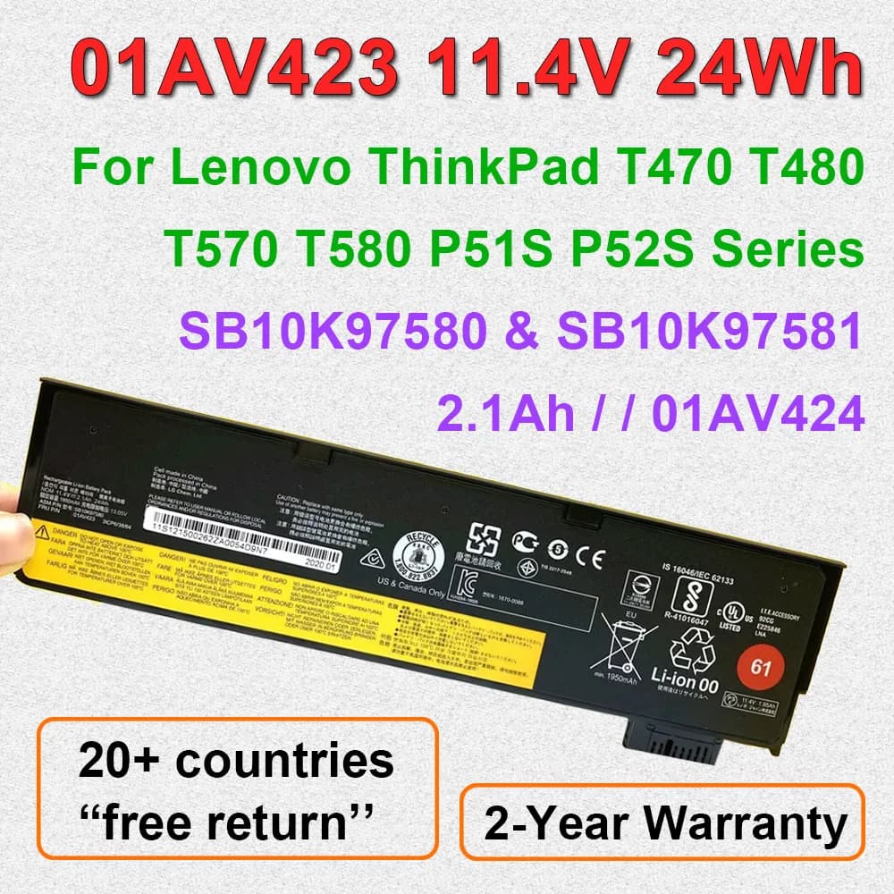 11.4V 24Wh 01AV423 01AV424 Per Lenovo ThinkPad T470 T480 T570 T580 P51S Batteria Del Computer Portatile 01AV422 01AV425 01AV426 SB10K97580