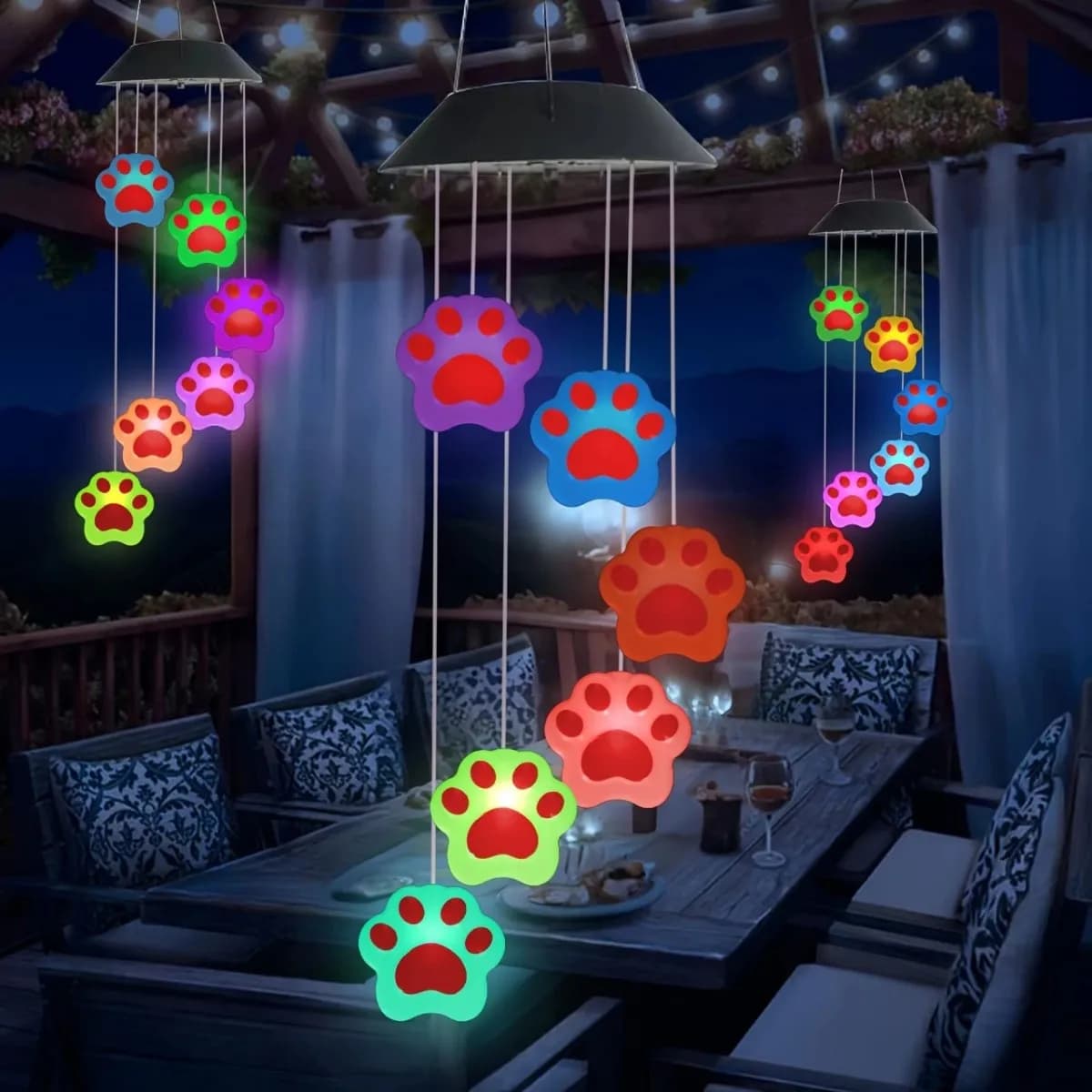 Vibrant Paw Print Solar Wind Chime Lights, Colorful LED Outdoor Garden Yard Patio Landscape Decor Lamp