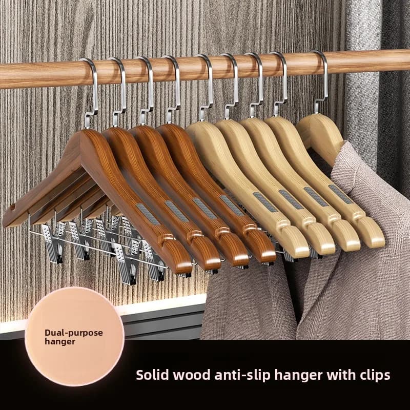 Wooden Clothes Hanger with Clip Hotel Room Special Set Integrated Home Use Non-Slip Hanger for Clothing Store Pants Hanger