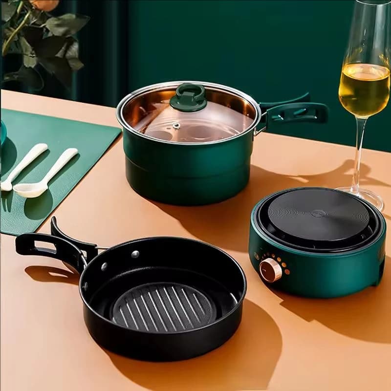 Fornello Elettrico Portatile 220V con Funzione Multipla: Pentola per Riso, Padella, Pentola Elettrica per Stufati, Hotpot da Viaggio, Vaporiera per Alimenti, Multi-Cooker Domestico 1.6L